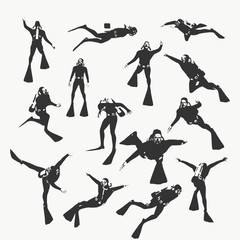 Silhouettes of diver. Set of diver icons. The concept of sport diving. - obrazy, fototapety, plakaty