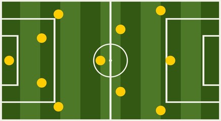Soccer or football game strategy plan. Flat striped green field. Sport info graphics element.