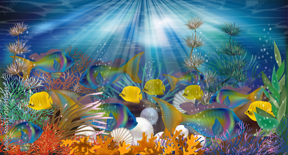 Wall mural Underwater wallpaper with pearls and tropical fish, vector illustration