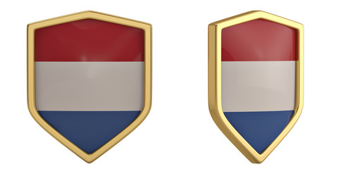 Netherlands flag shield symbol isolated on white background. 3D illustration.