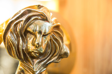 Closeup of gold cannes lion trophy, Shoot at Cannes lions festival 2017, France