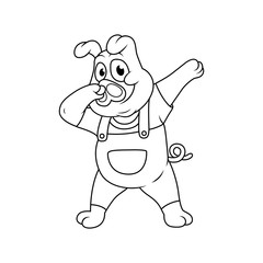 cartoon pig farmer is doing dubbing with smile line art