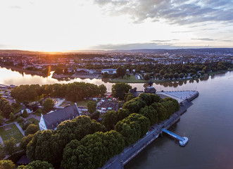 Sunset in Koblenz City Germany historic monument German Corner where the rivers rhine and mosele...
