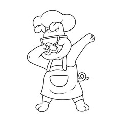 cartoon chef pig is doing dubbing with cool glasses line art