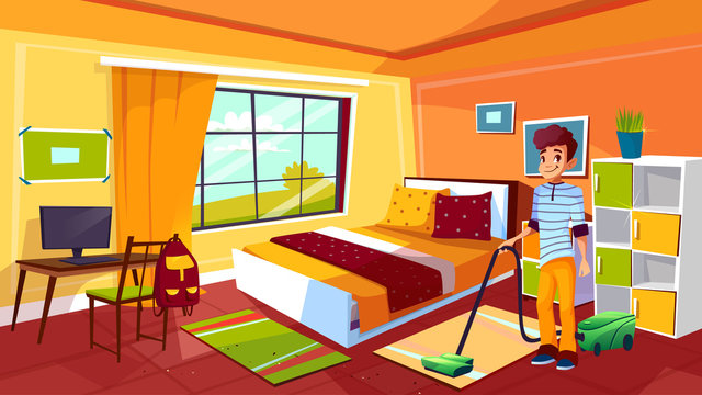 Boy cleaning room vector illustration of college or school teen with vacuum cleaner on carpet, Student bedroom of modern or retro apartments interior with furniture
