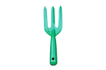 Green gardening fork isolated on white background 