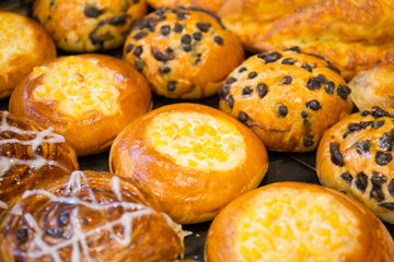 Cake and Bakery Sold on the counter of the bakery.