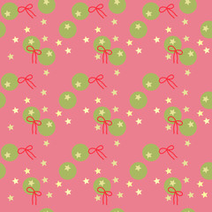 Colorful seamless pattern of star shapes, khaki colored dots, red ribbons on pink background. Vector illustration, EPS10. Use as wallpaper, backdrop, montage or print of wrapping paper, tile, fabric.