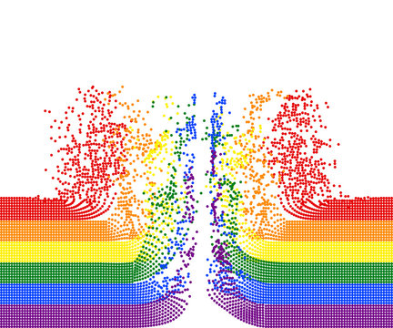 Rainbow stripes of flying colorful dots on white (transparent) background. Colors of LGBT pride flag, symbol of lesbian, gay, bisexual, transgender, and questioning (LGBTQ). Vector illustration, EPS10