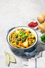 Vegetables and meat stew in a pot. Selective focus, space for text.