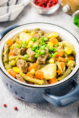 Vegetables and meat stew in a pot. Selective focus, space for text.