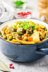 Vegetables and meat stew in a pot. Selective focus, space for text.