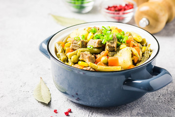Vegetables and meat stew in a pot. Selective focus, space for text.