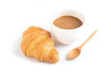 Coffee and croissant on white background