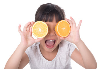 Little girl playing with fresh mandarin fruits, White background