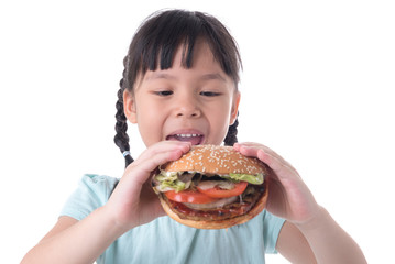 portrait of a beautiful girl, teenager and schoolgirl, holding a hamburger on a white background