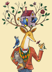 watercolor illustration, a deer in a jacket and with a cat in his hands, a birdhouse with birds in deer horns