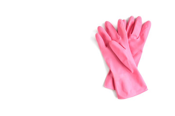 Pink rubber gloves isolated on white background.