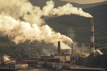 Chimneys of copper smelting plant. Karabash zone of ecological disaster.