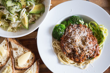 Spaghetti Bolognese with Salad and Rustic Sourdough Bread.