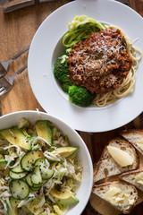 Spaghetti Bolognese with Salad and Rustic Sourdough Bread.
