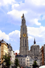 Fototapeta na wymiar Clock tower of cathedral of Our Lady, Antwerp Belgium