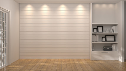 Empty room vintage style 3d illustration luxury living room modern mid century room interior home design wooden floor