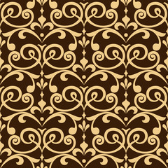 Wallpaper in the style of Baroque. A seamless vector background. Brown and gold floral ornament. Graphic pattern for fabric, wallpaper, packaging. Ornate Damask flower ornament © ELENA
