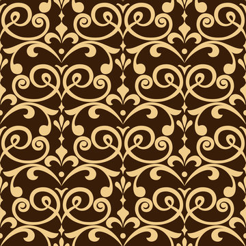 Wallpaper in the style of Baroque. A seamless vector background. Brown and gold floral ornament. Graphic pattern for fabric, wallpaper, packaging. Ornate Damask flower ornament