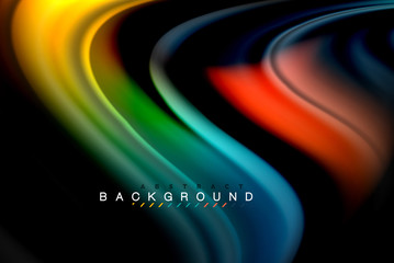 Fluid liquid colors design, colorful marble or plastic wavy texture background, glowing multicolored elements on black, for business or technology presentation or web brochure cover design, wallpaper