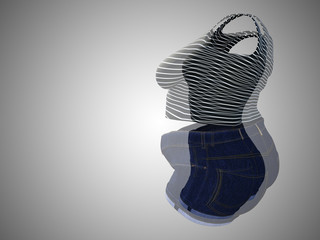 Conceptual fat overweight obese female clothes outfit vs slim fit healthy body after weight loss or diet thin young woman on gray. A fitness, nutrition or fatness obesity health shape 3D illustration