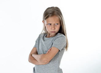 close up portrait of angry and sad little blonde girl on white back ground