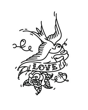 Tattoo Swallows with the inscription Love and a rose bud from below. Vector illustration. Tattoo of an American old school. Bird swift with ribbon and flower. Contour version of the tattoo.