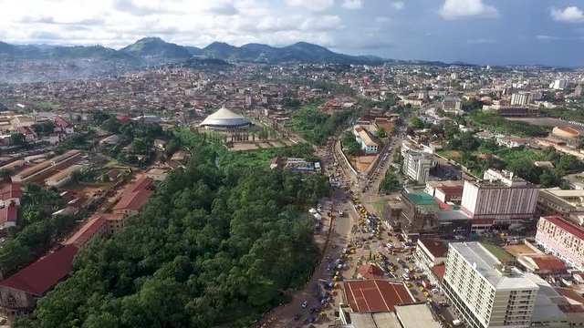 Drone flyover city of Yaound&eacute; park at the center of town