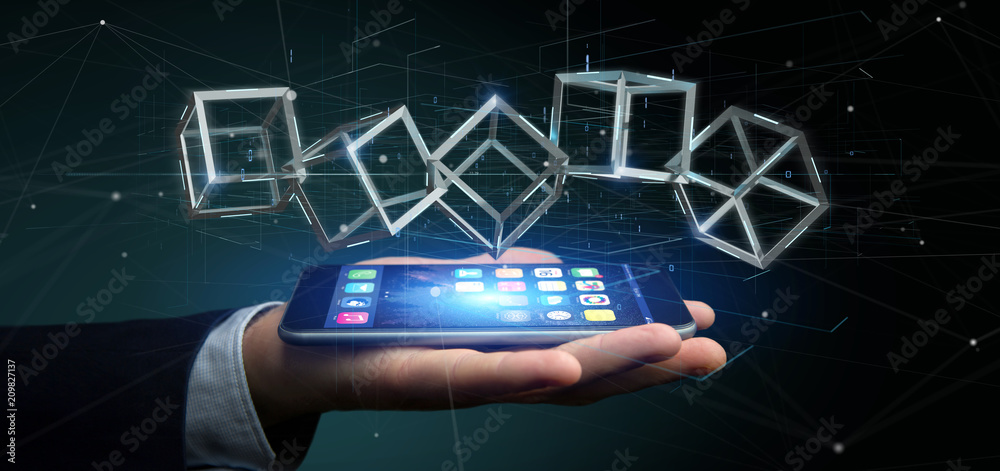 Poster businessman holding a 3d rendering blockchain cube isolated on a background