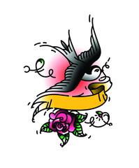 Tattoo of a bird Swallows without an inscription on a ribbon, and with a rose bud from below. Vector illustration. Tattoo of an American old school. Bird swift with ribbon and flower. Tattoo model for