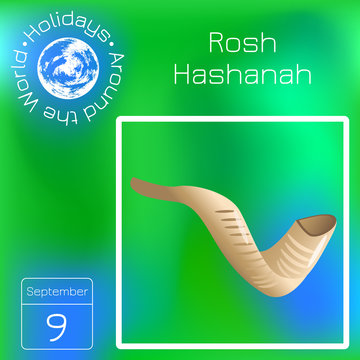Rosh Hashanah. Shofar - mutton horn. Text in Hebrew - New Year. Series calendar. Holidays Around the World. Event of each day of the year.