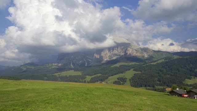 Aerial Drone video of the Sassolungo mountains on the Italian Alps Dolomites