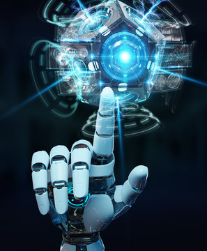 White humanoid hand using drone security camera 3D rendering