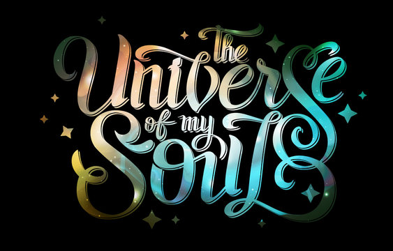 Lettering. typography design on Abstract open space background. Starfield, universe, nebula in galaxy. Vector illustration