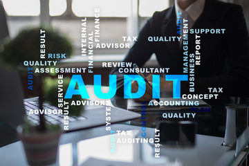 Audit business concept. Auditor. Compliance. Virtual screen technology. Words cloud.