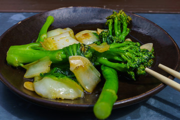 Asian Appetizer cooked in Chinese, chicory and broccoli