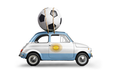 Argentina flag on car delivering soccer or football ball isolated on white background