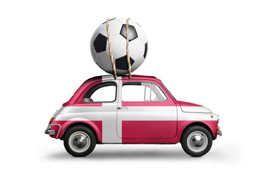 Denmark flag on car delivering soccer or football ball isolated on white background