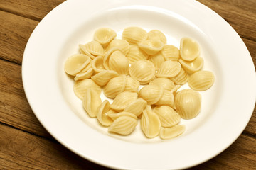 Pasta shell  in White Plate on wooden