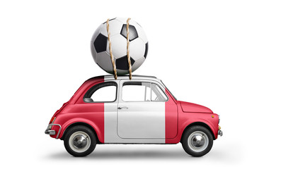 Peru flag on car delivering soccer or football ball isolated on white background