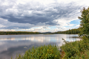 forest lake in summer, cloudy sky