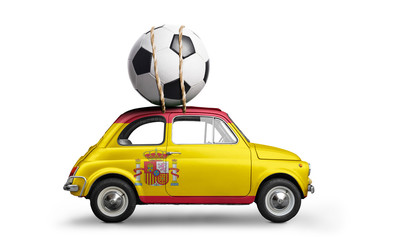 Spain flag on car delivering soccer or football ball isolated on white background