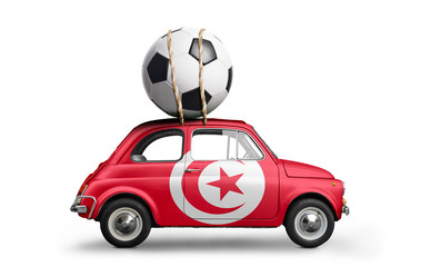 Tunisia flag on car delivering soccer or football ball isolated on white background