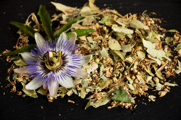 getrocknete Blätter und Stängel der Passionsblume mit einer Blüte, 